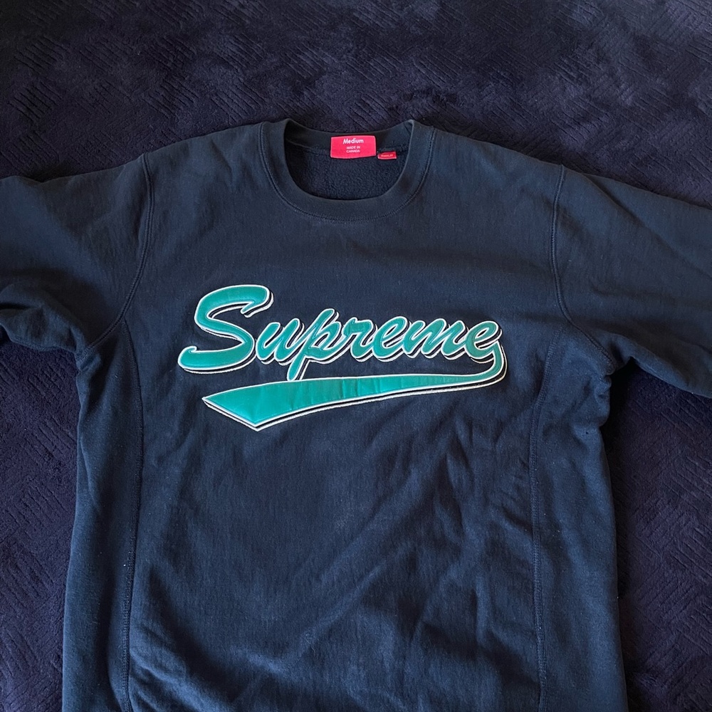 Supreme Black Tee with Teal Script Crewneck